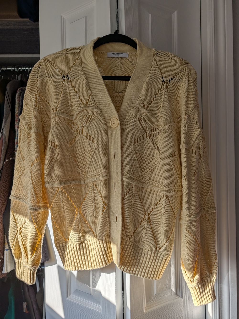 Smash + Tess Pale Yellow Open-Knit Diamond Cardigan